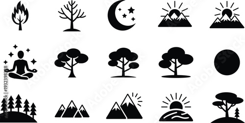 Nature icon set featuring mountain peaks, sunrise, moon, stars, forest trees, and a meditating figure for wellness and outdoor adventure designs.