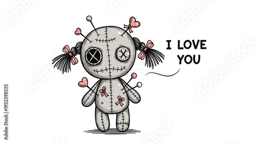 Stitched grey voodoo doll with button eyes and pink heart pins saying i love you in a hand-drawn sketchy style for a unique and quirky message.