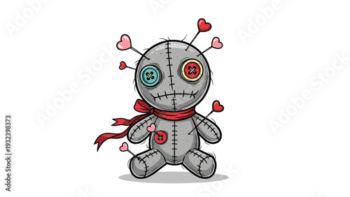 Hand-drawn grey voodoo doll wearing a long red scarf and featuring multiple pink heart-shaped pins and mismatched buttons in an artistic style.