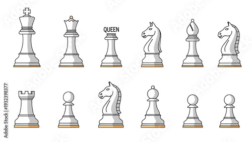 Complete set of white chess pieces including king queen bishop knight rook and pawns arranged in two rows for a strategic game on a white surface.