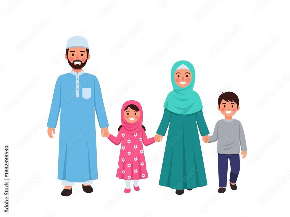 Obraz premium Happy Muslim family walking together in colorful modest clothing illustration