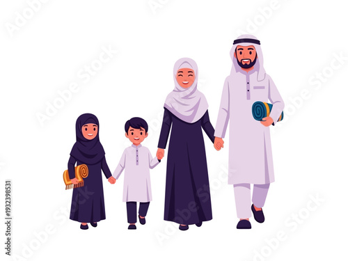 Happy Muslim family characters walking together carrying prayer mats
