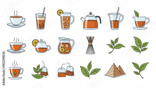 Large collection of icons for various tea drinks including hot cups iced jars tea bags and fresh tea leaves for a restaurant or cafe menu design.