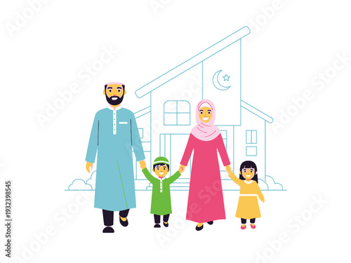Muslim family walking in front of mosque house silhouette wearing colorful outfits