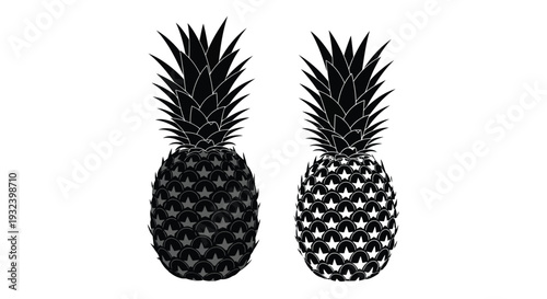 Two stylized pineapples in black and white featuring patterned textures