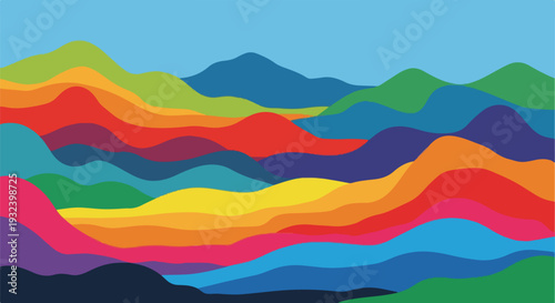 A vibrant abstract landscape features rolling hills and a gradient sky