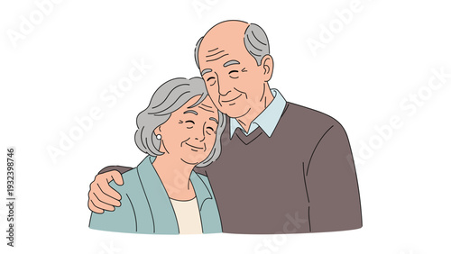 Heartwarming illustration of an elderly senior couple embracing each other with closed eyes and peaceful smiles showing their lifelong love.