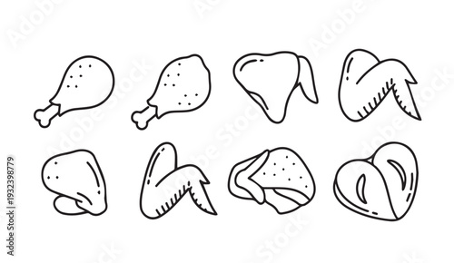Chicken Parts Collection Vector Icon Set: Drumsticks Wings Thighs and Breast Pieces