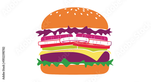 Stylized illustration of a colorful layered hamburger with sesame seeds