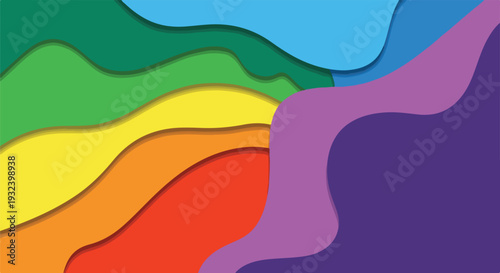 A vibrant abstract paper-cut style image with layered color waves