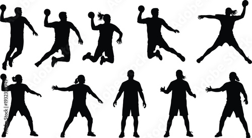 Collection of handball player silhouettes in varied poses, including jumping, throwing, catching, and defensive stances, arranged on white background for sport design, training, and illustration use.