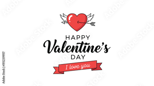 Happy Valentine's Day graphic features a red heart pierced by an arrow with wings and a red banner below that reads I love you in white.