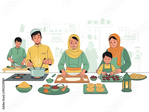 Muslim Family Preparing Traditional Snacks and Cookies in Kitchen 