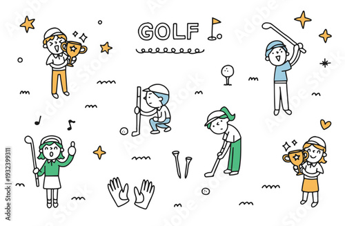 若い男女がゴルフを楽しんでいるイラストセット