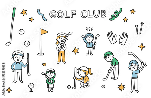 ゴルフが趣味の老若男女のイラストセット