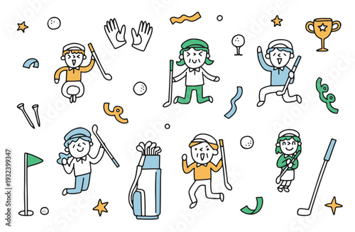 ゴルフが趣味の老若男女のイラストセット