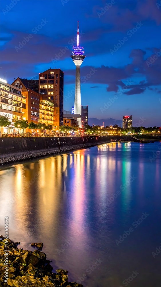Obraz premium City skyline with a tall tower lit against a dusk sky reflected in water