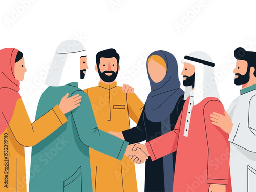 Crowd of Muslim People Greeting and Shaking Hands on Eid Day 