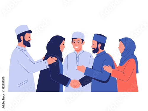 Muslim People Shaking Hands and Forgiving Each Other in Eid al-Fitr Tradition 
