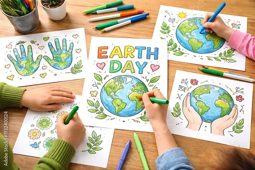Illustration of children celebrating earth day with coloring and drawings
