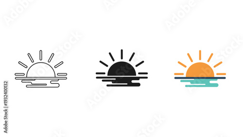 Three sun icons in different colors and styles Vector