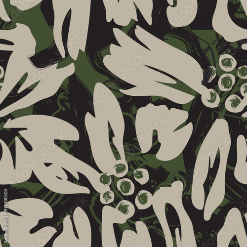Floral Pattern Design Fashion Textile Print Olive Green Beige And Black Palette Modern Botanical Motif Homeware Decor Computer Graphics Repeatable Surface Design
