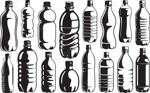 Set of plastic water bottle silhouettes isolated on transparent background for recycling and product