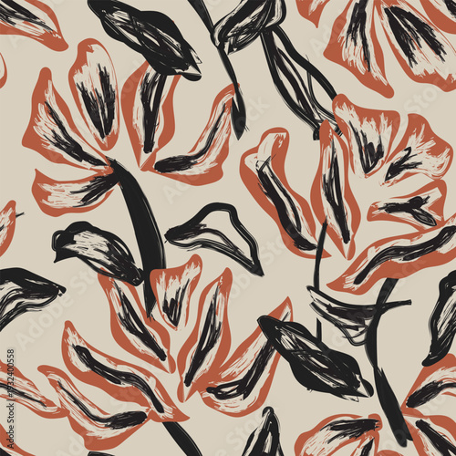 Floral Textile Design Abstract Brushstroke Flower Pattern Fashion Fabric Print Repeat Surface Design In Black Terracotta And Beige For Homeware Products