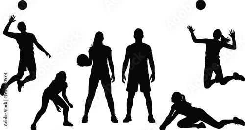 Collection of six volleyball player silhouettes in dynamic action poses, showcasing athletic movement, teamwork, and expressive sports stances for creative design and educational projects.