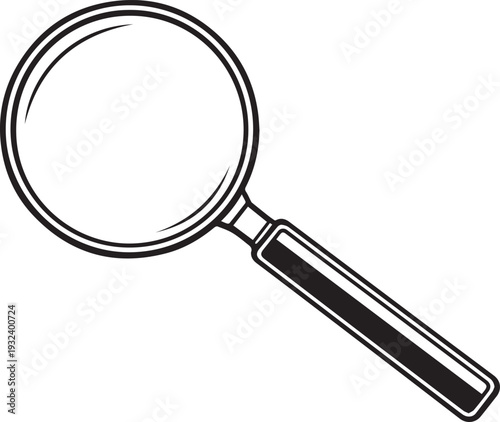 A classic magnifying glass with a clear lens and a sturdy handle is depicted in bold outline.