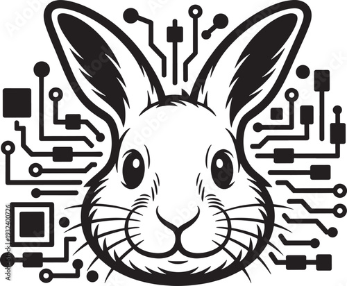 Rabbit head with surrounding circuit board lines and microchips technology design