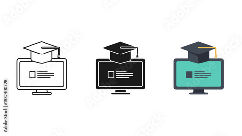 Graduation caps on computer monitors for online education Vector