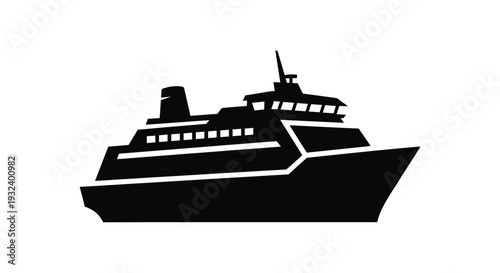 Simple black silhouette of a ferry boat on a white background
