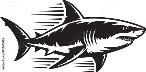 Great white shark silhouette with motion lines, predatory fish for sports and ocean themes