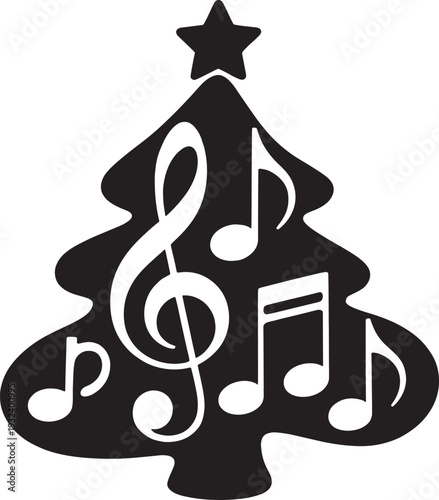 Christmas tree with musical notes and clef vector illustration isolated on transparent background