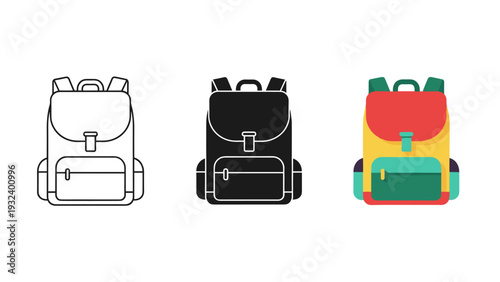 Three backpacks in different colors and line art Vector