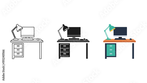 Three different computer workstations with various desk and lamp styles Vector