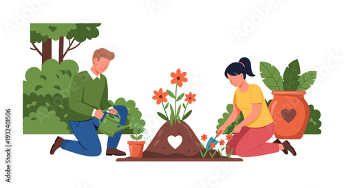 Happy couple planting flowers in a garden, vector illustration of people caring for plants and nature