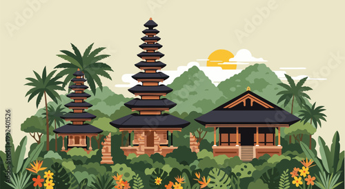 Vector illustration of Balinese temples and lush tropical nature, evoking a sense of peace and cultural heritage