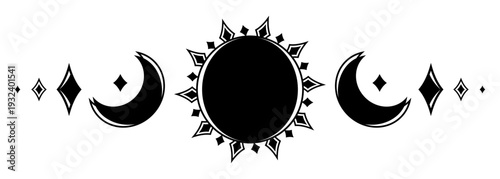 Mystic celestial sun and crescent moon composition. Boho esoteric symbol. Vector illustration isolated on white background.