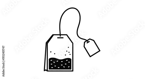 Simple line drawing of a tea bag with a tag and string