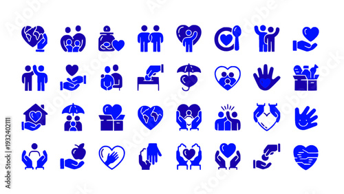 Social care and charity icon collection including love, support, protection, donation, and community service symbols.