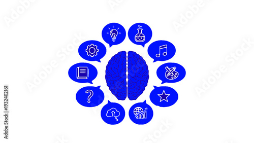 Brain and mental health concept icons showing psychology, ideas, support, wellness, and problem solving.