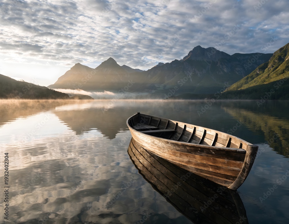 Fototapeta premium Wooden Boat On Calm Mountain Lake At Sunrise With Misty Reflection And Tranquil Atmosphere