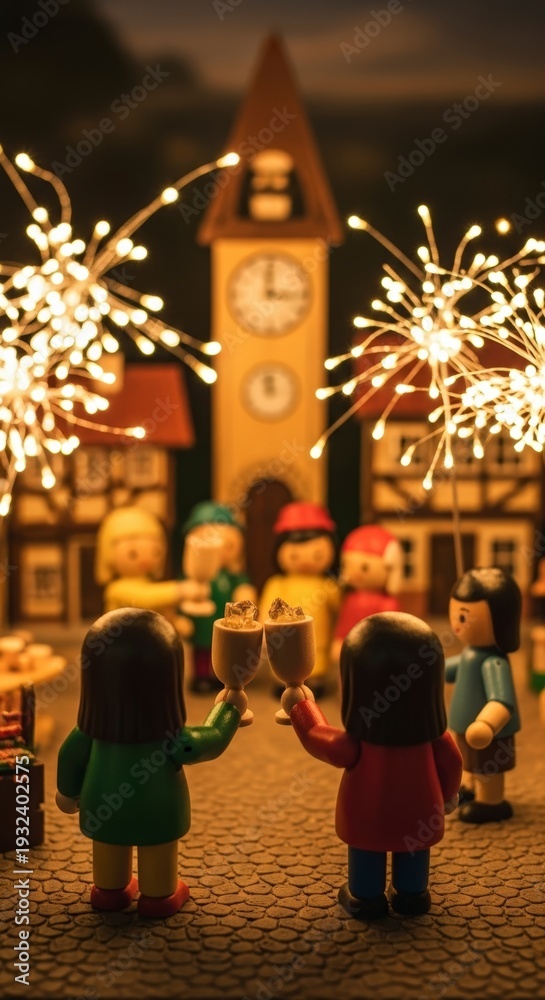 Fototapeta premium Miniature figures celebrating New Years Eve with fireworks and a clock tower in a festive town square.
