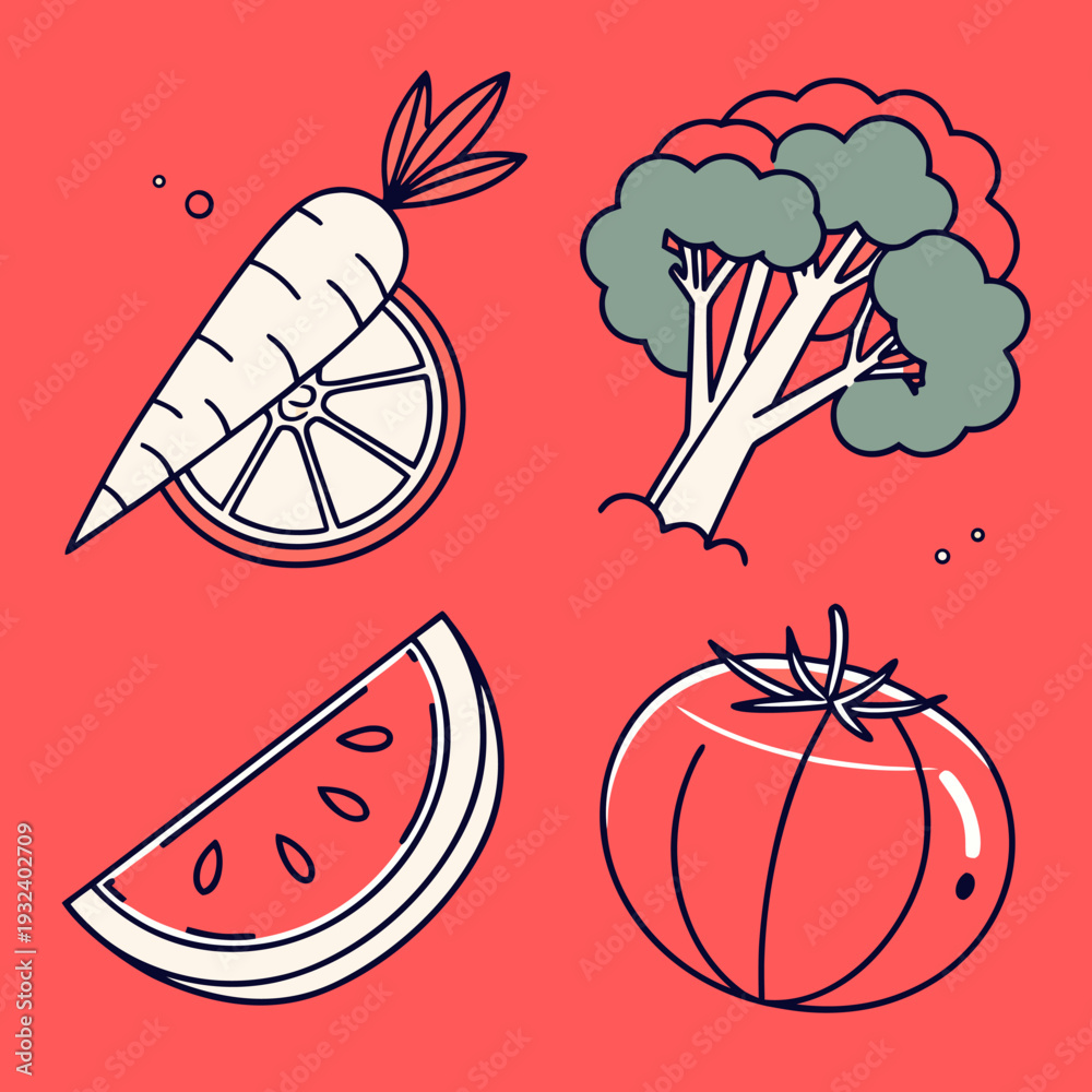 Fototapeta premium Colorful illustration of fresh vegetables and fruits on red background, including carrot, broccoli, orange slice, watermelon, and tomato, healthy eating concept with simple line art style