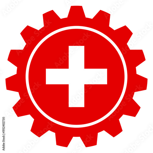 Rotes Zahnrad Icon Einstellungen mit weißem Plus Symbol für Gesundheit Medizin Hilfe Support Vektor Illustration Grafik transparent freigestellt png