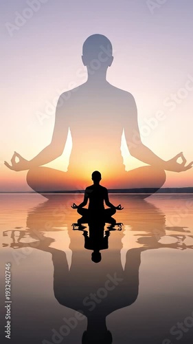 Spiritual awakening and higher consciousness meditation silhouette at sunset over calm water