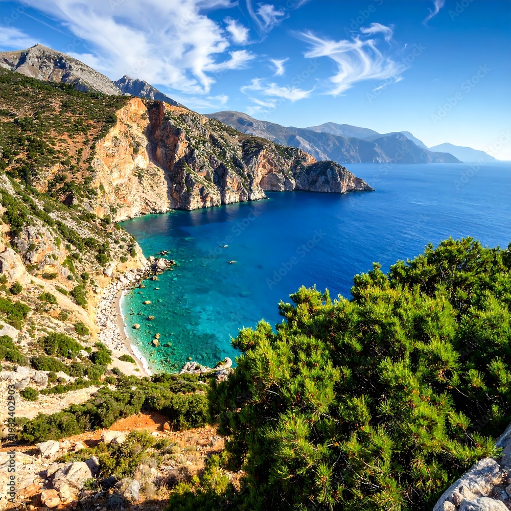 Naklejka premium Coastal cove with rocky cliffs, turquoise water, and a bright sky