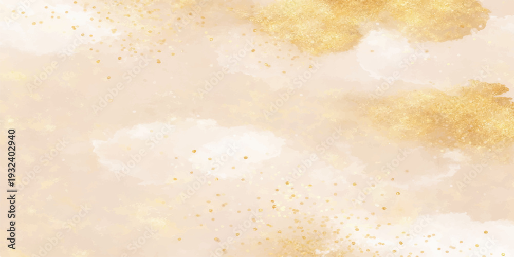 Naklejka premium Golden Clouds' Impression: An abstract watercolor art piece which evokes a sense of tranquility and a hint of the divine, with strokes of golden hues blended on a delicate canvas.